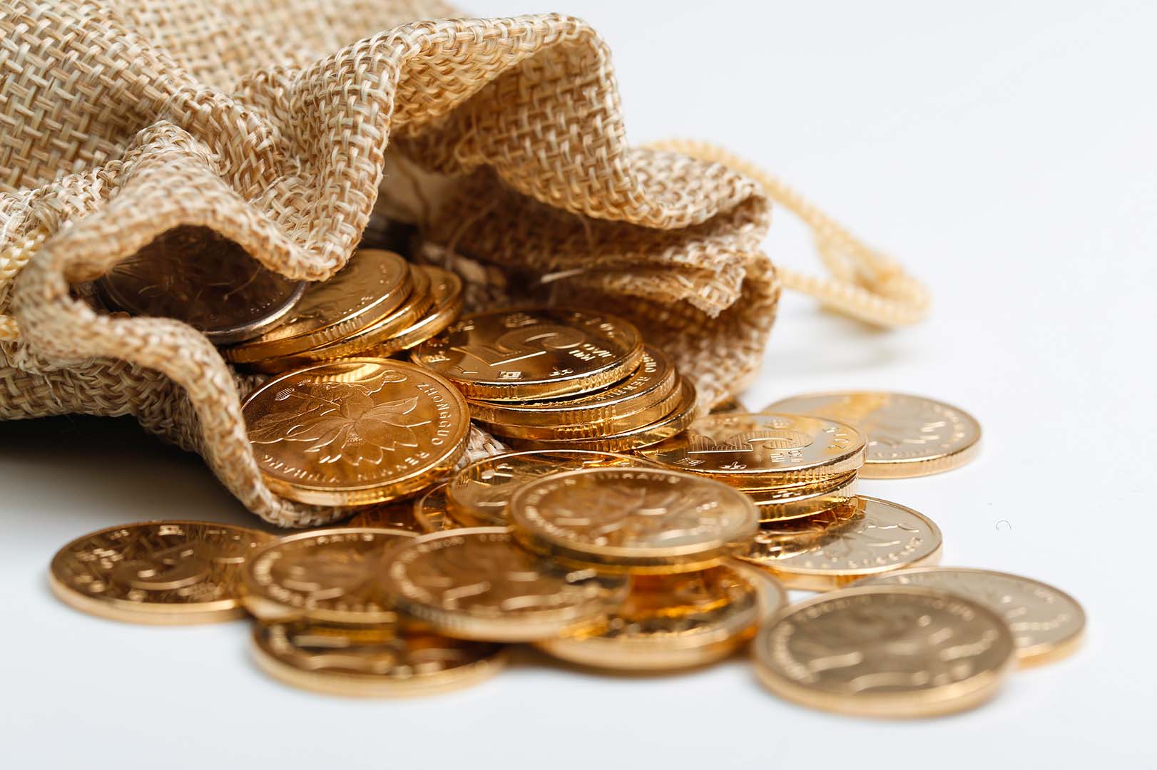golden rmb coins cloth bag